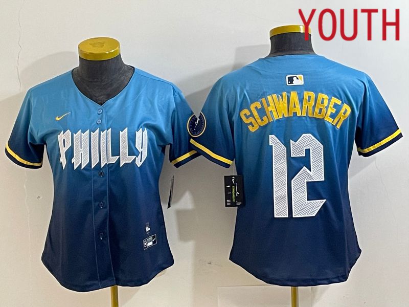 Youth Philadelphia Phillies #12 Schwarber Blue City Edition Nike 2024 MLB Jersey style 1->->Youth Jersey